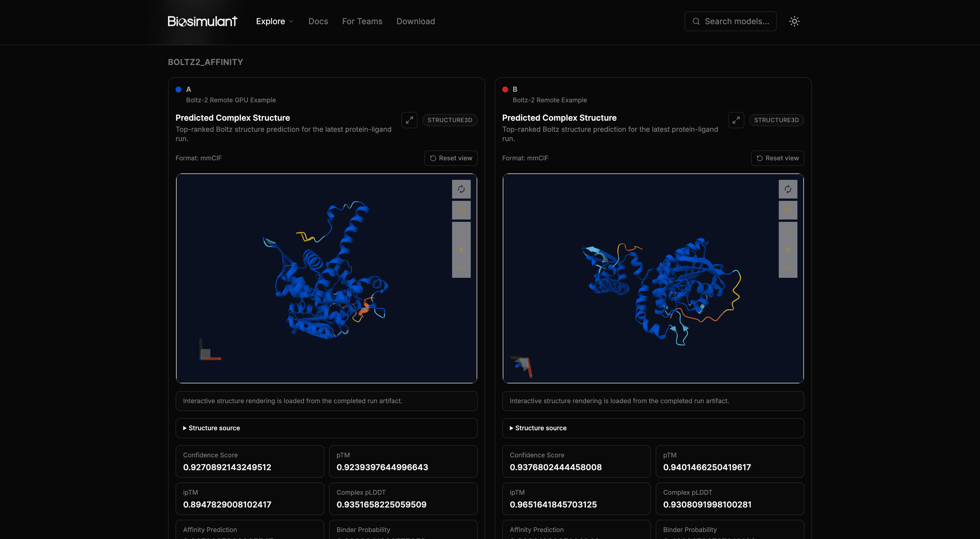 Biosimulant compare view showing two predicted protein structures side by side