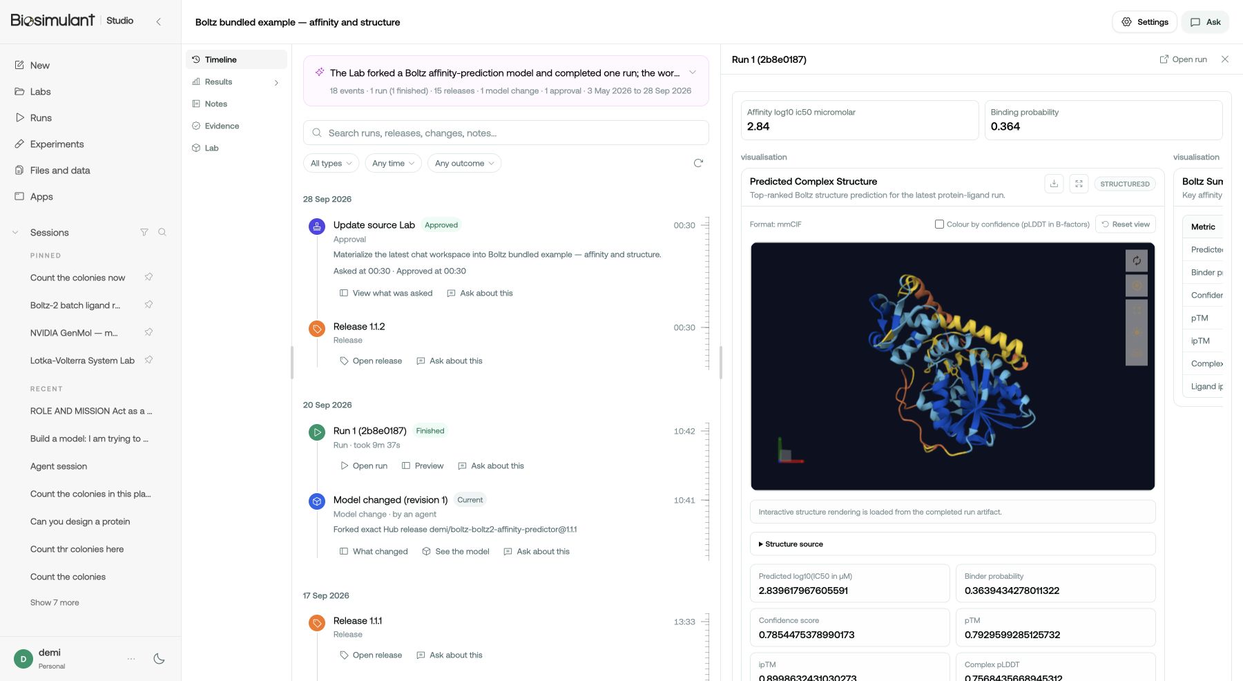 The current Biosimulant Studio session timeline, with the completed Boltz-2 run's saved 3D protein complex and prediction scores in the preview on the right.
